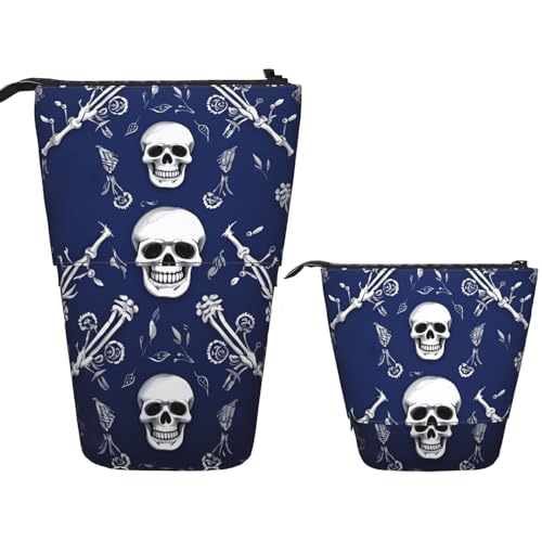 FZQVSLCM Teleskop-Federmäppchen, blauer Totenkopf und Knochen, Stehender Stifthalter, Pop-Up-Bleistifttasche, niedlich, aufstellbar, Kosmetiktasche, Reise-Make-up-Tasche, tragbare Kulturbeutel für von FZQVSLCM