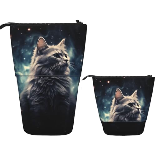 FZQVSLCM Teleskop-Federmäppchen, eine Katze im Nebel, stehender Stifthalter, Pop-Up-Bleistifttasche, niedlich, aufstellbar, Kosmetiktasche, Reise-Make-up-Tasche, tragbare Kulturbeutel für Damen und von FZQVSLCM