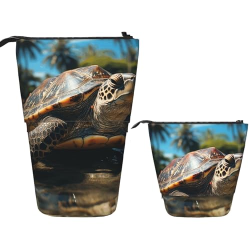 FZQVSLCM Teleskop-Federmäppchen, große Schildkröte und Palmen, stehender Stifthalter, Pop-Up-Bleistifttasche, niedlich, aufstellbar, Kosmetiktasche, Reise-Make-up-Tasche, tragbare Kulturbeutel für von FZQVSLCM