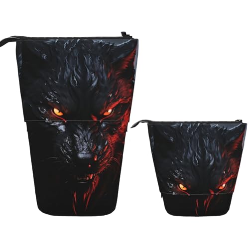 FZQVSLCM Teleskop-Federmäppchen, großer schwarzer Wolf mit roten Augen, stehender Stifthalter, Pop-Up-Bleistifttasche, niedlich, aufstellbar, Kosmetiktasche, Reise-Make-up-Tasche, tragbare von FZQVSLCM