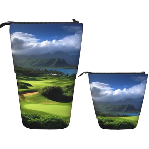 FZQVSLCM Teleskop-Federmäppchen, malerisches Hawaii-Golf, tropischer Stehstifthalter, Pop-Up-Bleistifttasche, niedlich, aufstellbar, Kosmetiktasche, Reise-Make-up-Tasche, tragbare Kulturbeutel für von FZQVSLCM