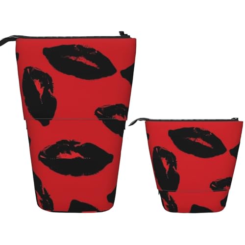 FZQVSLCM Teleskop-Federmäppchen, rote und schwarze Lippen, stehender Stifthalter, Pop-Up-Bleistifttasche, niedlich, aufstellbar, Kosmetiktasche, Reise-Make-up-Tasche, tragbare Kulturbeutel für Damen von FZQVSLCM