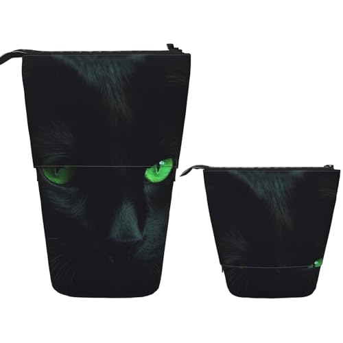 FZQVSLCM Teleskop-Federmäppchen, schwarze Katze, grüne Augen, Stehender Stifthalter, Pop-Up-Bleistifttasche, niedlich, Kosmetiktasche, Reise-Make-up-Tasche, tragbare Kulturbeutel für Damen und Herren von FZQVSLCM