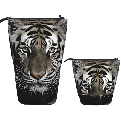 FZQVSLCM Teleskop-Federmäppchen, schwarzer und weißer Tiger, stehender Stifthalter, Pop-Up-Bleistifttasche, niedlich, aufstellbar, Kosmetiktasche, Reise-Make-up-Tasche, tragbare Kulturbeutel für Damen von FZQVSLCM