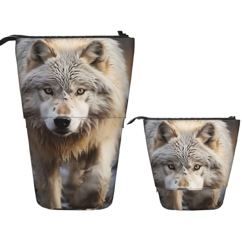 FZQVSLCM Teleskop-Federmäppchen, stehender Wolf, stehender Stifthalter, Pop-Up-Bleistifttasche, niedlich, aufstellbar, Kosmetiktasche, Reise-Make-up-Tasche, tragbarer Kulturbeutel für Damen und Herren von FZQVSLCM
