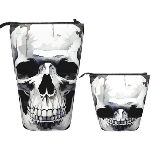 FZQVSLCM Teleskop-Federmäppchen, weiße und graue Totenkopf-Grafiken, stehender Stifthalter, Pop-Up-Bleistifttasche, niedlich, aufstellbar, Kosmetiktasche, Reise-Make-up-Tasche, tragbare Kulturbeutel von FZQVSLCM