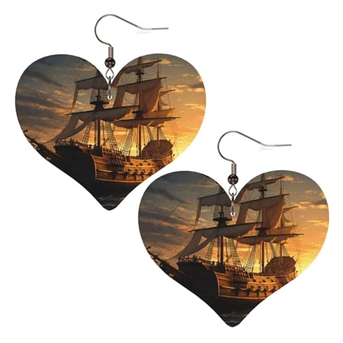 Fantasie-Piratenschiff-Leder-Ohrringe für Damen, Herz-Ohrringe, leicht, baumelnd, Schmuck, Geschenke von FZQVSLCM
