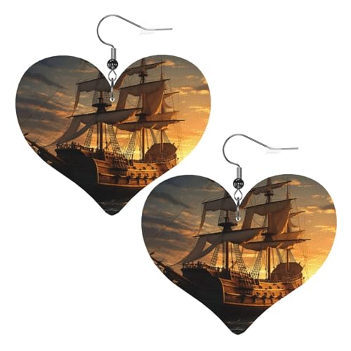 Fantasie-Piratenschiff-Leder-Ohrringe für Damen, Herz-Ohrringe, leicht, baumelnd, Schmuck, Geschenke von FZQVSLCM