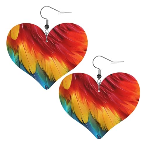 Fantastische Papageienfeder-Leder-Ohrringe für Damen, Herz-Ohrringe, leicht, baumelnde Ohrringe, Schmuck, Geschenke von FZQVSLCM