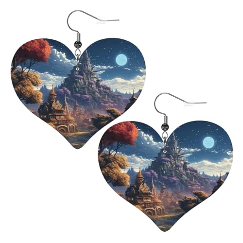 Fantasy Town Leder-Ohrringe für Damen, Herz-Ohrringe, leicht, baumelnde Ohrringe, Schmuck, Geschenke von FZQVSLCM