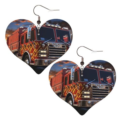 Feuerwehrauto-Leder-Ohrringe für Damen, Herz-Ohrringe, leicht, baumelnde Ohrringe, Schmuck-Geschenke von FZQVSLCM