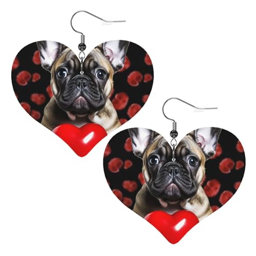 Französische Bulldogge mit Lederohrringen für Frauen, Herz-Ohrringe, leicht, baumelnde Ohrringe, Schmuck, Geschenke von FZQVSLCM