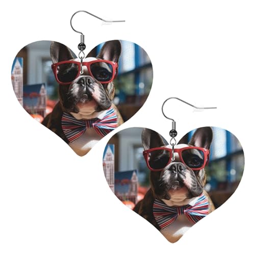 Französische Bulldogge mit Sonnenbrille, Leder-Ohrringe für Frauen, Herz-Ohrringe, leicht, baumelnde Ohrringe, Schmuckgeschenke von FZQVSLCM