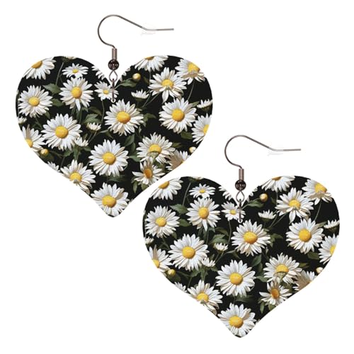 Gänseblümchen-Leder-Ohrringe für Damen, Herz-Ohrringe, leicht, baumelnde Ohrringe, Schmuck-Geschenke von FZQVSLCM