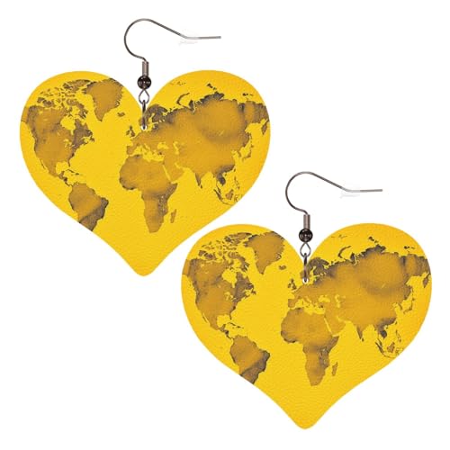 Gelbe Weltkarten-Leder-Ohrringe für Damen, Herz-Ohrringe, leicht, baumelnd, Schmuck, Geschenke Gelbe Weltkarten-Leder-Ohrringe für Damen, Herz-Ohrringe, leicht, baumelnd, Schmuck, Geschenke von FZQVSLCM