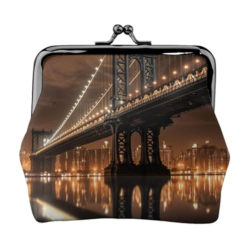Geldbörse aus Leder für Damen mit Kussschloss, New York, Manhattan, Bridge, Nacht, Clutch, Mini-Geldbörse Geldbörse aus Leder für Damen mit Kussschloss, New York, Manhattan, Bridge, Nacht, Clutch, Mini-Geldbörse von FZQVSLCM