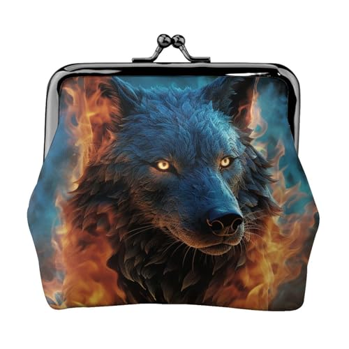 Geldbörse aus Leder für Damen mit Kussschloss, Wolfskopf in blauen Flammen, Clutch, Mini-Geldbörse Geldbörse aus Leder für Damen mit Kussschloss, Wolfskopf in blauen Flammen, Clutch, Mini-Geldbörse von FZQVSLCM