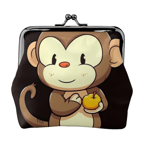 Geldbörse aus Leder für Damen mit Kussverschluss, Cartoon-Affe, hält Obst, Clutch, Mini-Geldbörse Geldbörse aus Leder für Damen mit Kussverschluss, Cartoon-Affe, hält Obst, Clutch, Mini-Geldbörse von FZQVSLCM
