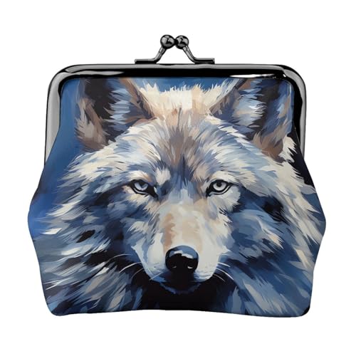 Geldbörse aus Leder für Damen mit Kussverschluss, Wolfskopf auf blauem Hintergrund, Clutch, Mini-Geldbörse von FZQVSLCM