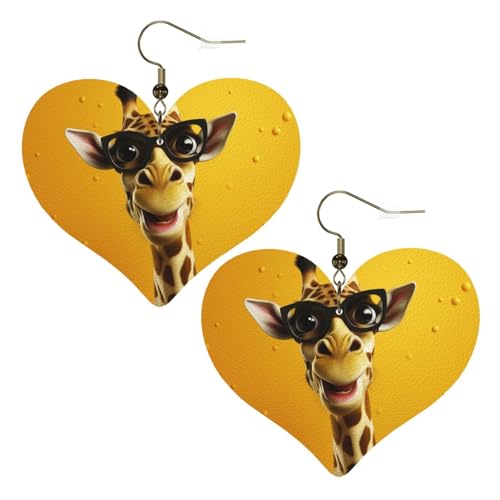 Giraffe mit Brille, Leder-Ohrringe für Damen, Herz-Ohrringe, leicht, baumelnde Ohrringe, Schmuck, Geschenke, One Size, Kein Edelstein von FZQVSLCM