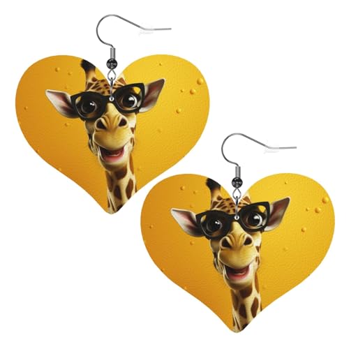 Giraffe mit Brille, Leder-Ohrringe für Damen, Herz-Ohrringe, leicht, baumelnde Ohrringe, Schmuck, Geschenke von FZQVSLCM