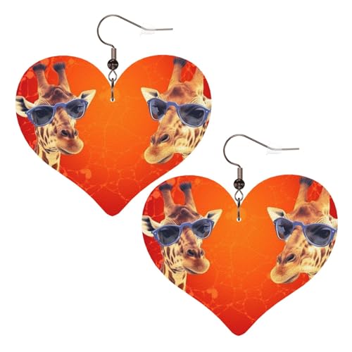 Giraffe mit Sonnenbrille, Leder-Ohrringe für Damen, Herz-Ohrringe, leicht, baumelnde Ohrringe, Schmuck, Geschenke, One Size, Kein Edelstein von FZQVSLCM