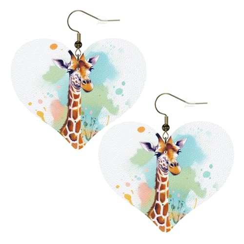 Giraffen-Kunst-Illustration, Leder-Ohrringe für Frauen, Herz-Ohrringe, leicht, baumelnde Ohrringe, Schmuckgeschenke, One Size, Kein Edelstein von FZQVSLCM