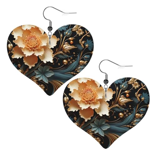 Goldene Blumen auf schwarzem Leder, Ohrringe für Frauen, Herz-Ohrringe, leicht, baumelnde Ohrringe, Schmuckgeschenke Goldene Blumen auf schwarzem Leder, Ohrringe für Frauen, Herz-Ohrringe, leicht, baumelnde Ohrringe, Schmuckgeschenke von FZQVSLCM
