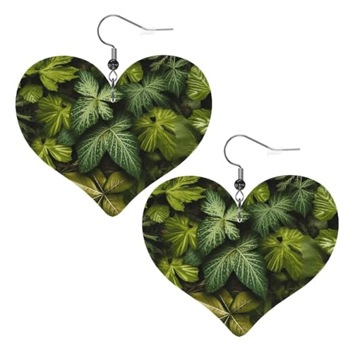 Grüne Blätter und Pflanzen, Leder-Ohrringe für Damen, Herz-Ohrringe, leicht, baumelnde Ohrringe, Schmuck, Geschenke von FZQVSLCM
