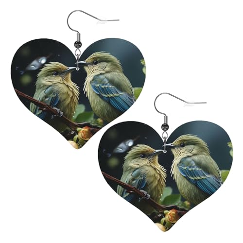 Grüne Vögel, Leder-Ohrringe für Damen, Herz-Ohrringe, leicht, baumelnd, Schmuck, Geschenke von FZQVSLCM