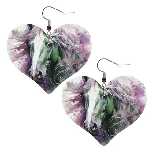 Grünes Pferd, Leder-Ohrringe für Damen, Herz-Ohrringe, leicht, baumelnd, Schmuck, Geschenke von FZQVSLCM