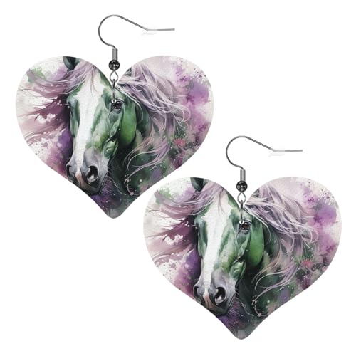 Grünes Pferd, Leder-Ohrringe für Damen, Herz-Ohrringe, leicht, baumelnd, Schmuck, Geschenke von FZQVSLCM