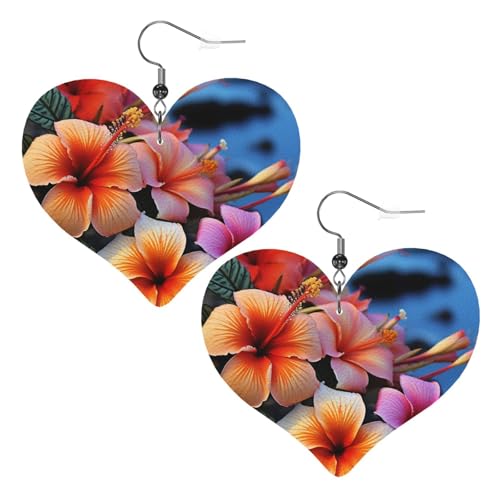Hawaii-Blumen-Leder-Ohrringe für Damen, Herz-Ohrringe, leicht, baumelnde Ohrringe, Schmuck-Geschenke von FZQVSLCM