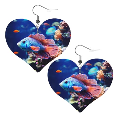 Korallenrifffisch-Aquarium-Leder-Ohrringe für Damen, Herz-Ohrringe, leicht, baumelnde Ohrringe, Schmuckgeschenke von FZQVSLCM