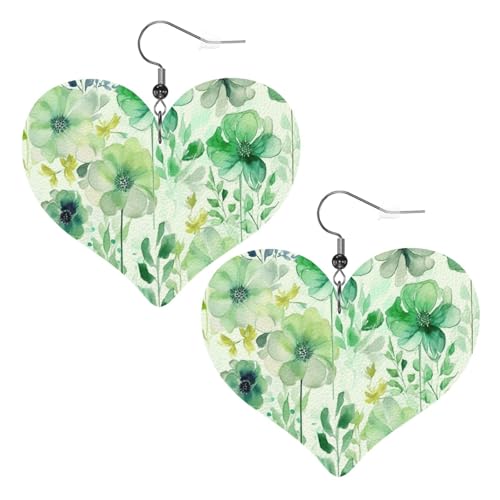 Leder-Ohrringe für Damen, Motiv: Aquarell, grüne Blumen, Herz-Ohrringe, leicht, baumelnd, Schmuck, Geschenke von FZQVSLCM