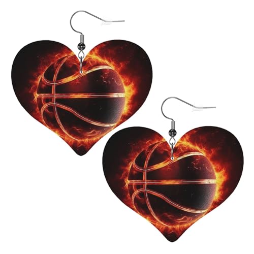 Leder-Ohrringe für Damen, Motiv: Basketball im Feuer, Herz-Ohrringe, leicht, baumelnd, Schmuck, Geschenke, One Size, Kein Edelstein von FZQVSLCM