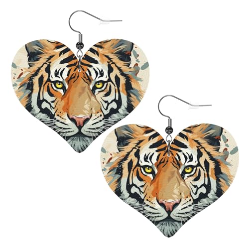 Leder-Ohrringe für Damen, Motiv: Jahr des Tigers, Herz-Ohrring, leicht, baumelnd, Schmuck, Geschenke von FZQVSLCM
