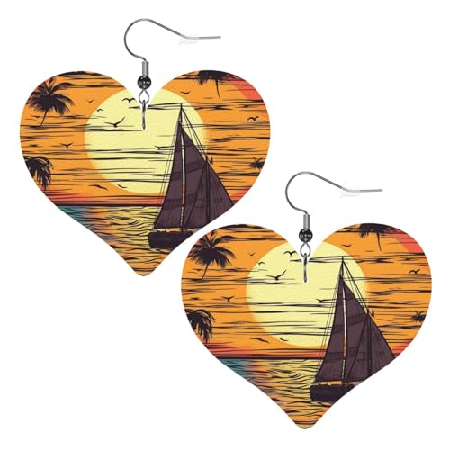 Leder-Ohrringe für Damen, Motiv: Sonnenuntergang und Segelboot, Herz-Ohrringe, leicht, baumelnd, Schmuck, Geschenke Leder-Ohrringe für Damen, Motiv: Sonnenuntergang und Segelboot, Herz-Ohrringe, leicht, baumelnd, Schmuck, Geschenke von FZQVSLCM