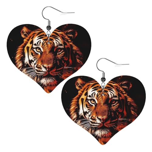 Leder-Ohrringe für Damen, Motiv: Tiger im Feuer, Herz-Ohrringe, leicht, baumelnde Ohrringe, Schmuckgeschenke, One Size, Kein Edelstein von FZQVSLCM