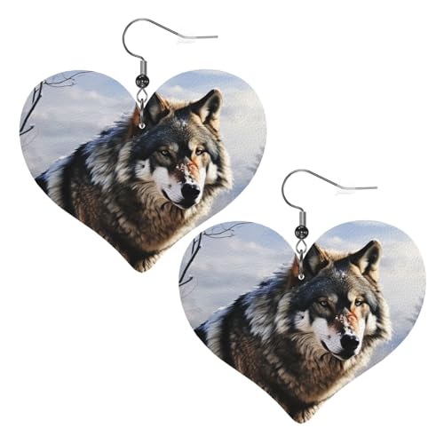 Leder-Ohrringe für Damen, Motiv: Wolf im Schnee, Herz-Ohrringe, leicht, baumelnde Ohrringe, Schmuck, Geschenke von FZQVSLCM
