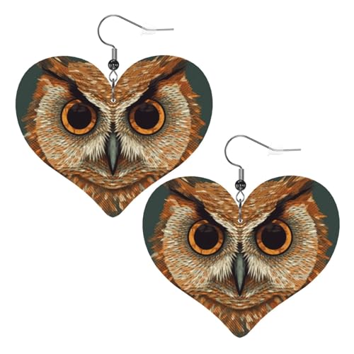 Leder-Ohrringe mit Eulenkopf-Muster, für Damen, Herz-Ohrringe, leicht, baumelnde Ohrringe, Schmuck-Geschenke von FZQVSLCM