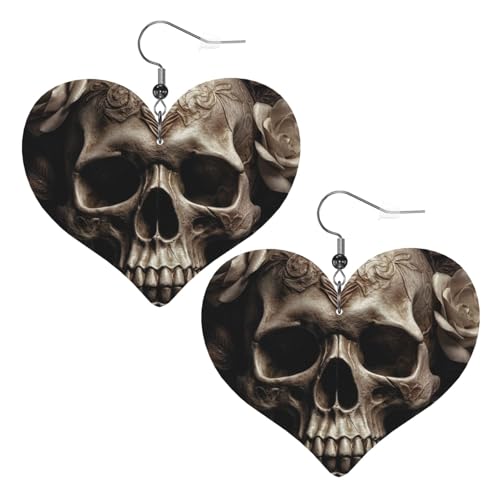 Leder-Ohrringe mit Totenkopf-Motiv, für Damen, Herz-Ohrringe, leicht, baumelnd, Schmuck, Geschenke von FZQVSLCM
