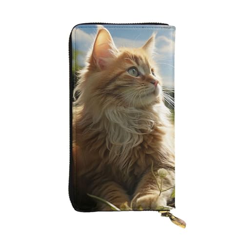 Ledergeldbörse für Damen, Motiv: Katze sitzt auf grünem Feld, lange Münzbörse, ultradünn, Kreditkartenhalter, Bifold Clutch von FZQVSLCM