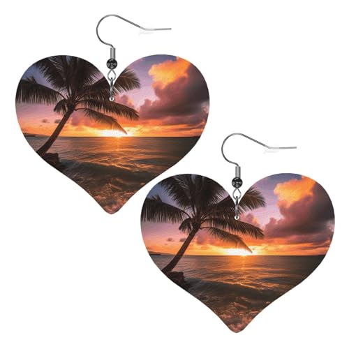 Lederohrringe für Damen, Motiv: Palme, Sonnenuntergang, Strand, Herz-Ohrringe, leicht, baumelnde Ohrringe, Schmuckgeschenke Lederohrringe für Damen, Motiv: Palme, Sonnenuntergang, Strand, Herz-Ohrringe, leicht, baumelnde Ohrringe, Schmuckgeschenke von FZQVSLCM