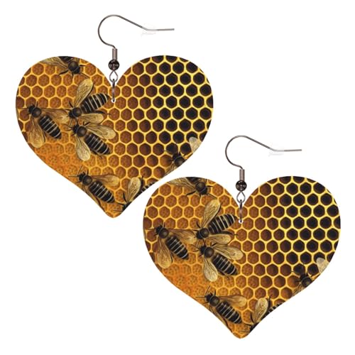 Lederohrringe mit Bienen auf Bienenstock, für Damen, Herz-Ohrringe, leicht, baumelnde Ohrringe, Schmuck, Geschenke Lederohrringe mit Bienen auf Bienenstock, für Damen, Herz-Ohrringe, leicht, baumelnde Ohrringe, Schmuck, Geschenke von FZQVSLCM