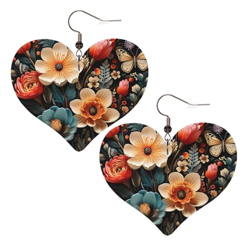 Lederohrringe mit Blumenmuster für Damen, Herz-Ohrringe, leicht, baumelnde Ohrringe, Schmuckgeschenk, One Size, Kein Edelstein von FZQVSLCM