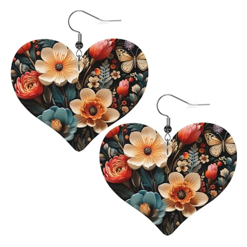 Lederohrringe mit Blumenmuster für Damen, Herz-Ohrringe, leicht, baumelnde Ohrringe, Schmuckgeschenk von FZQVSLCM