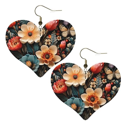 Lederohrringe mit Blumenmuster für Damen, Herz-Ohrringe, leicht, baumelnde Ohrringe, Schmuckgeschenk von FZQVSLCM