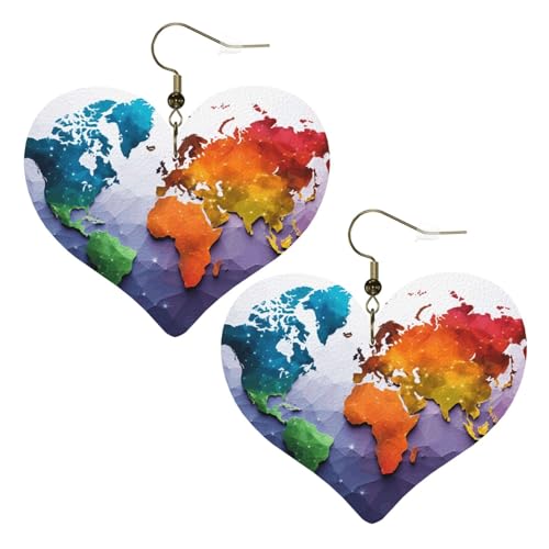 Lederohrringe mit Farb-Weltkarte für Damen, Herz-Ohrringe, leicht, baumelnd, Schmuck, Geschenke, One Size, Kein Edelstein Lederohrringe mit Farb-Weltkarte für Damen, Herz-Ohrringe, leicht, baumelnd, Schmuck, Geschenke, One Size, Kein Edelstein von FZQVSLCM