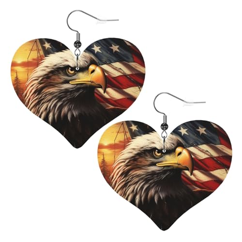 Lederohrringe mit Flagge und Adler für Damen, Herz-Ohrringe, leicht, baumelnd, Schmuck, Geschenke von FZQVSLCM